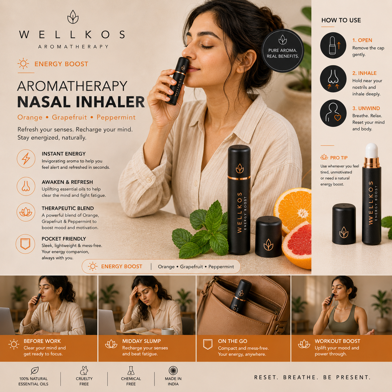 Wellkos Energy Boost Aromatherapy Nasal Inhaler