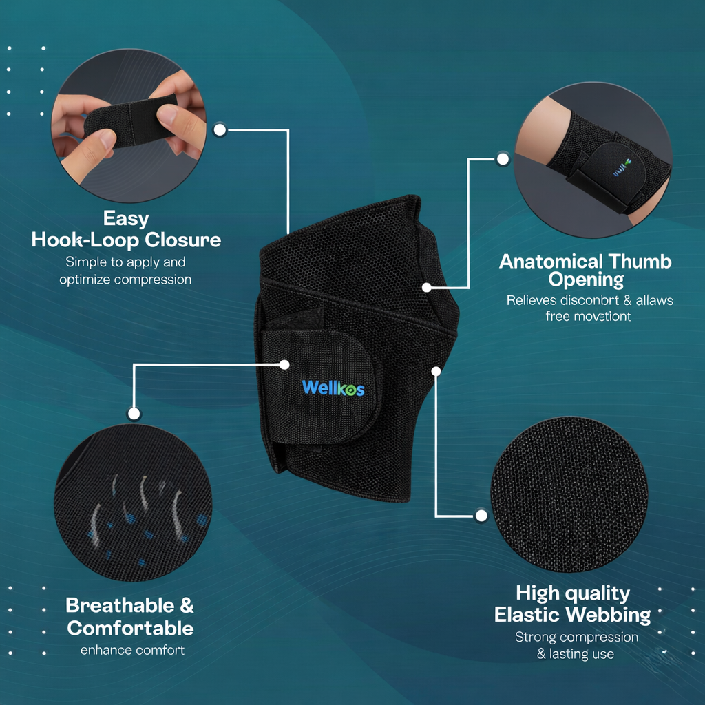 Wellkos Wrist Brace with Thumb Support for Men & Women | Wrist Hand Support for Pain Relief & Stabilization | Lightweight Wrist Brace for Arthritis, Sprains & Carpal Support