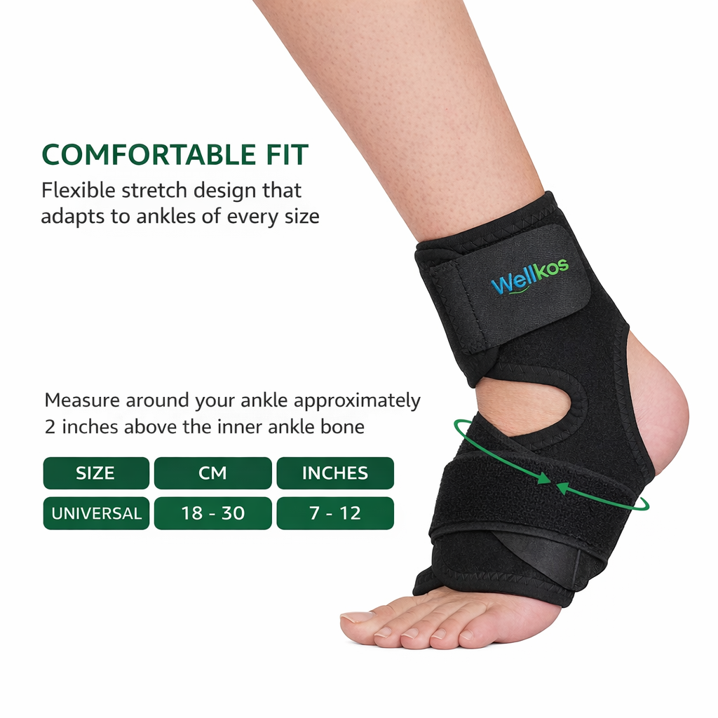 Black ankle support brace with measurement guide on a white background