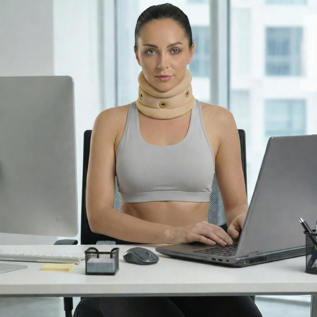 Woman wearing a neck brace sitting at a desk with a laptop and computer monitor.