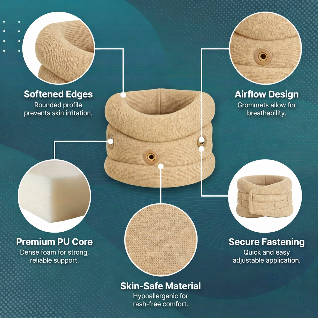 Beige pet collar with features highlighted on a blue background