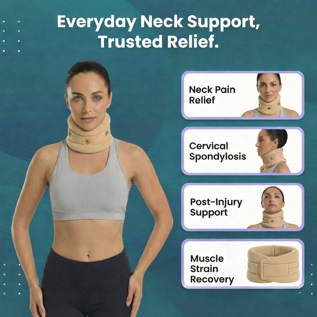 Woman wearing a neck support device with text on a blue background