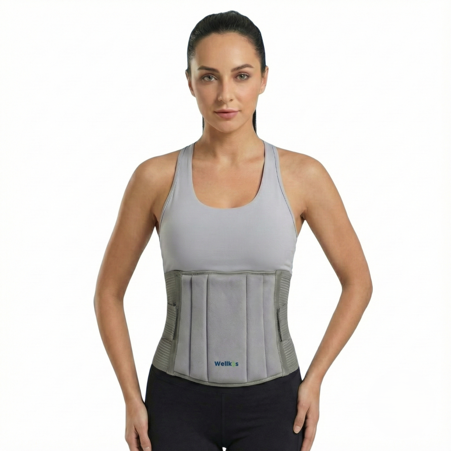 Woman wearing a gray waist support belt with visible branding on a white background