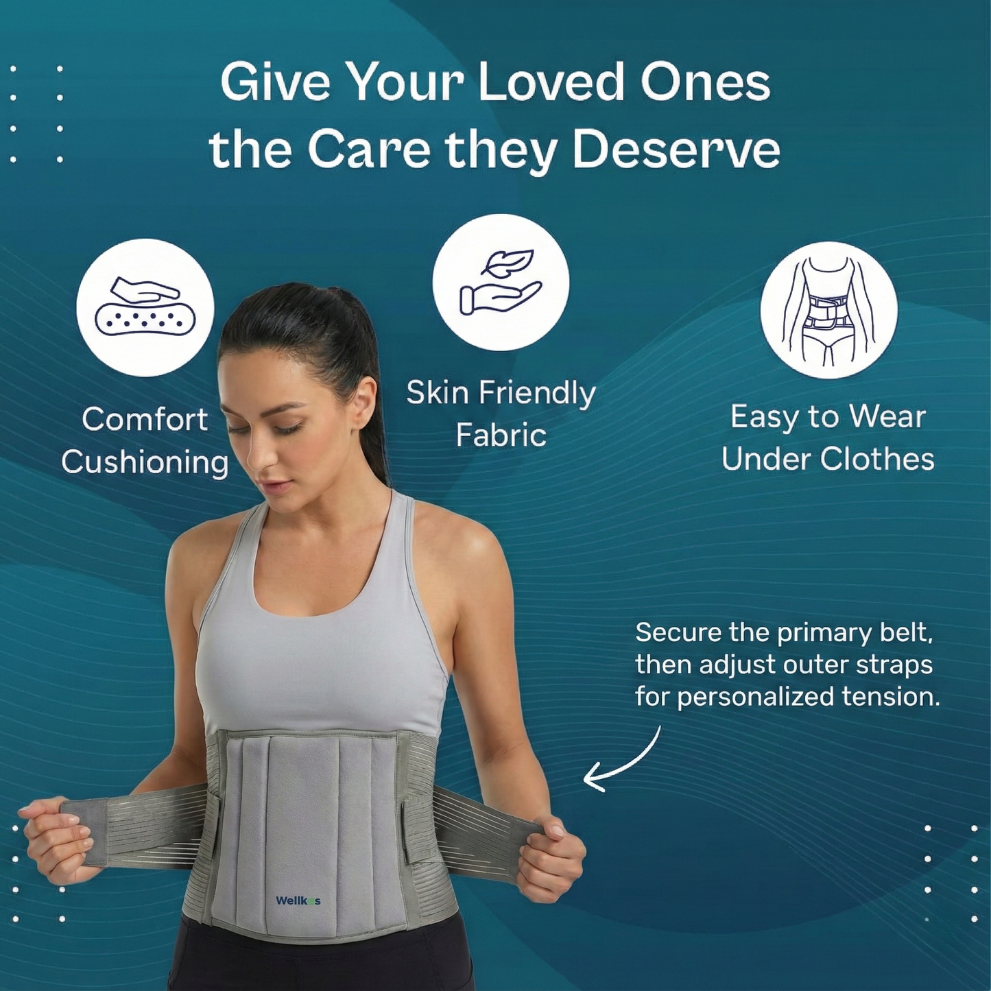 Woman wearing a gray waist support belt with text highlighting features on a blue background