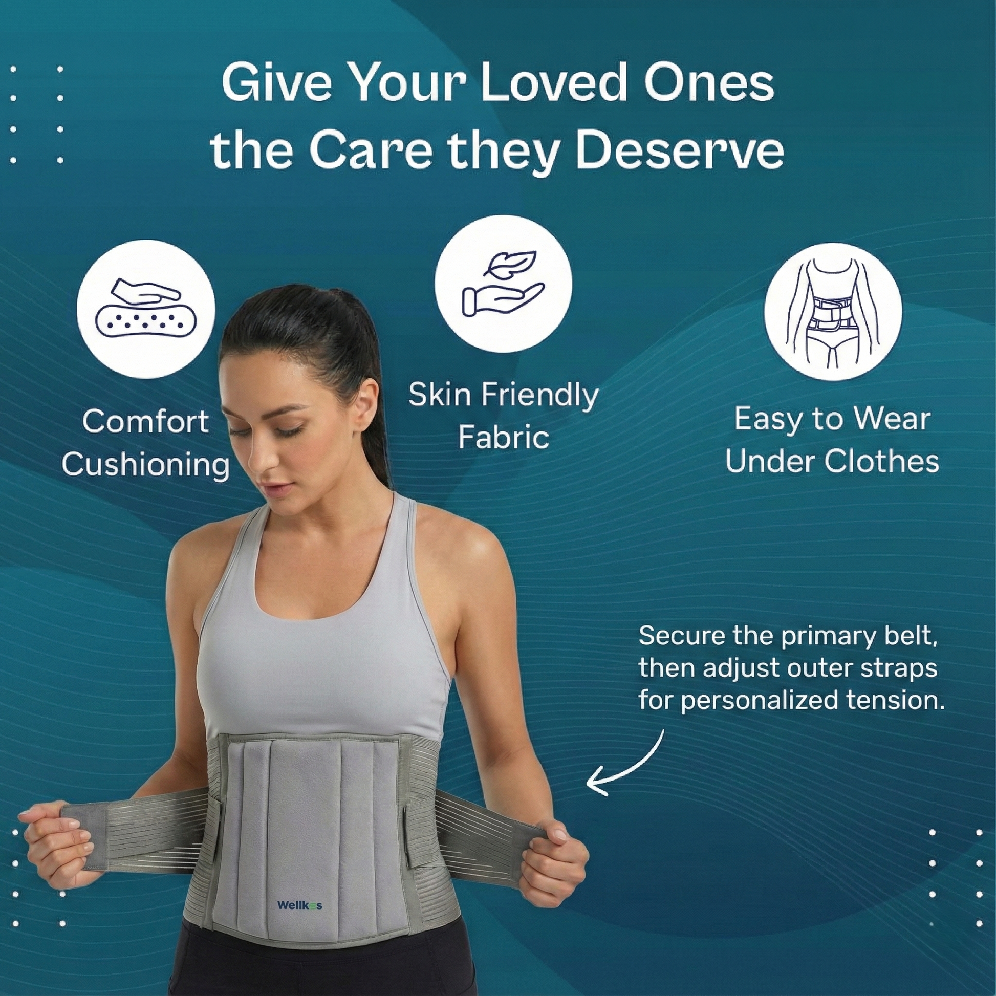 Woman wearing a gray waist support belt with text highlighting features on a blue background