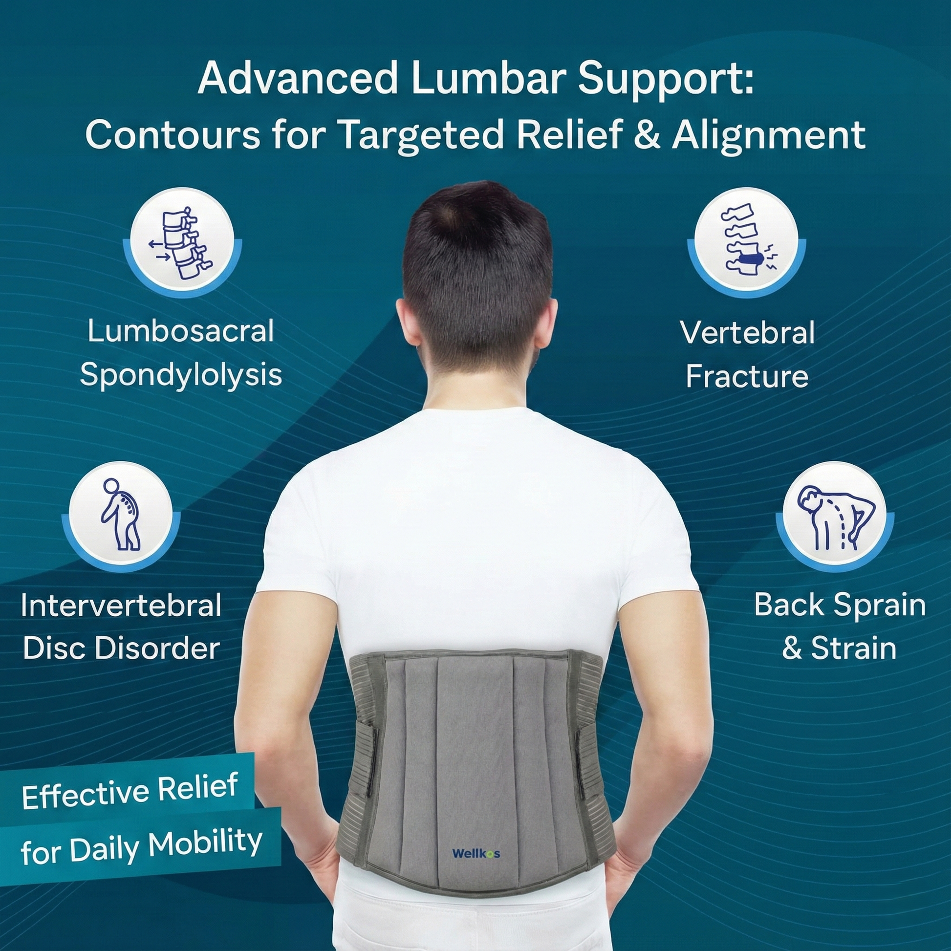 Person wearing a gray waist support belt with text about advanced lumbar support on a blue background