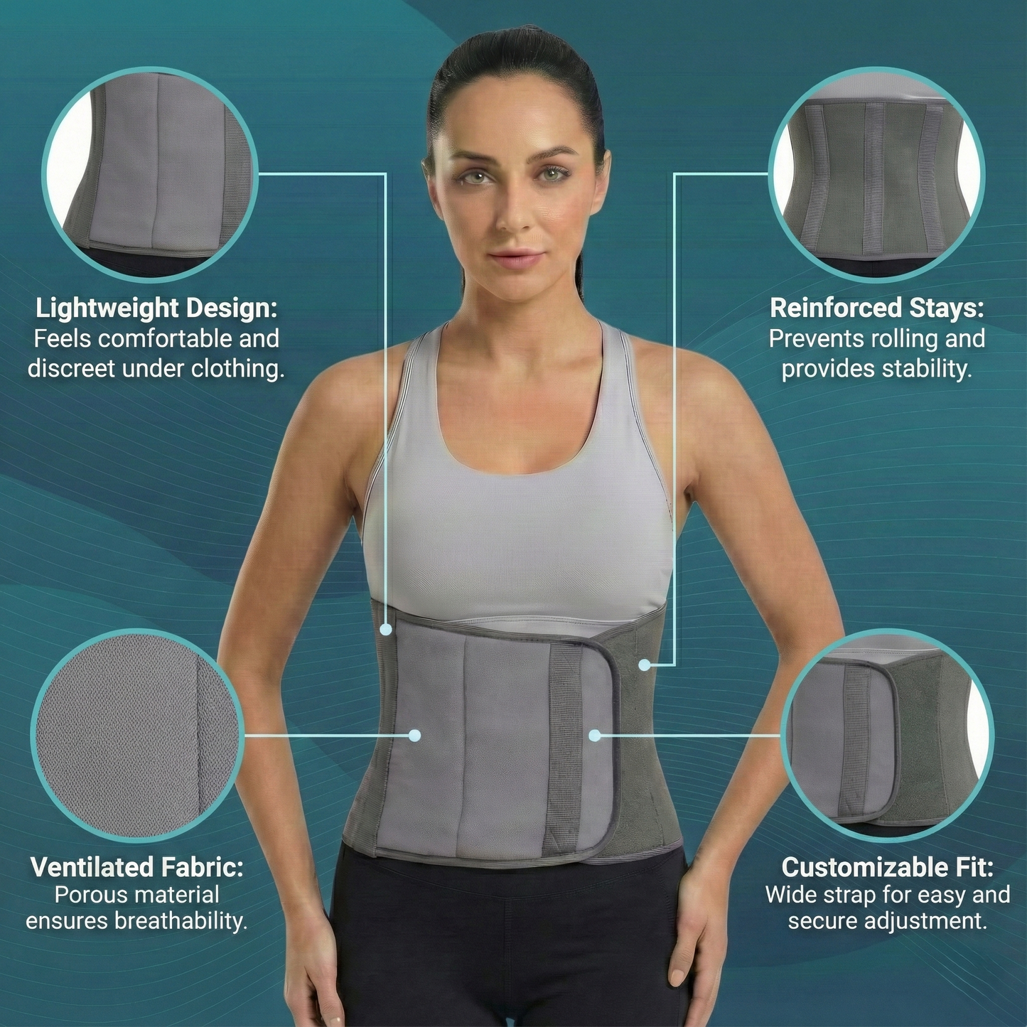 Woman wearing a gray waist support belt with feature text on a blue background