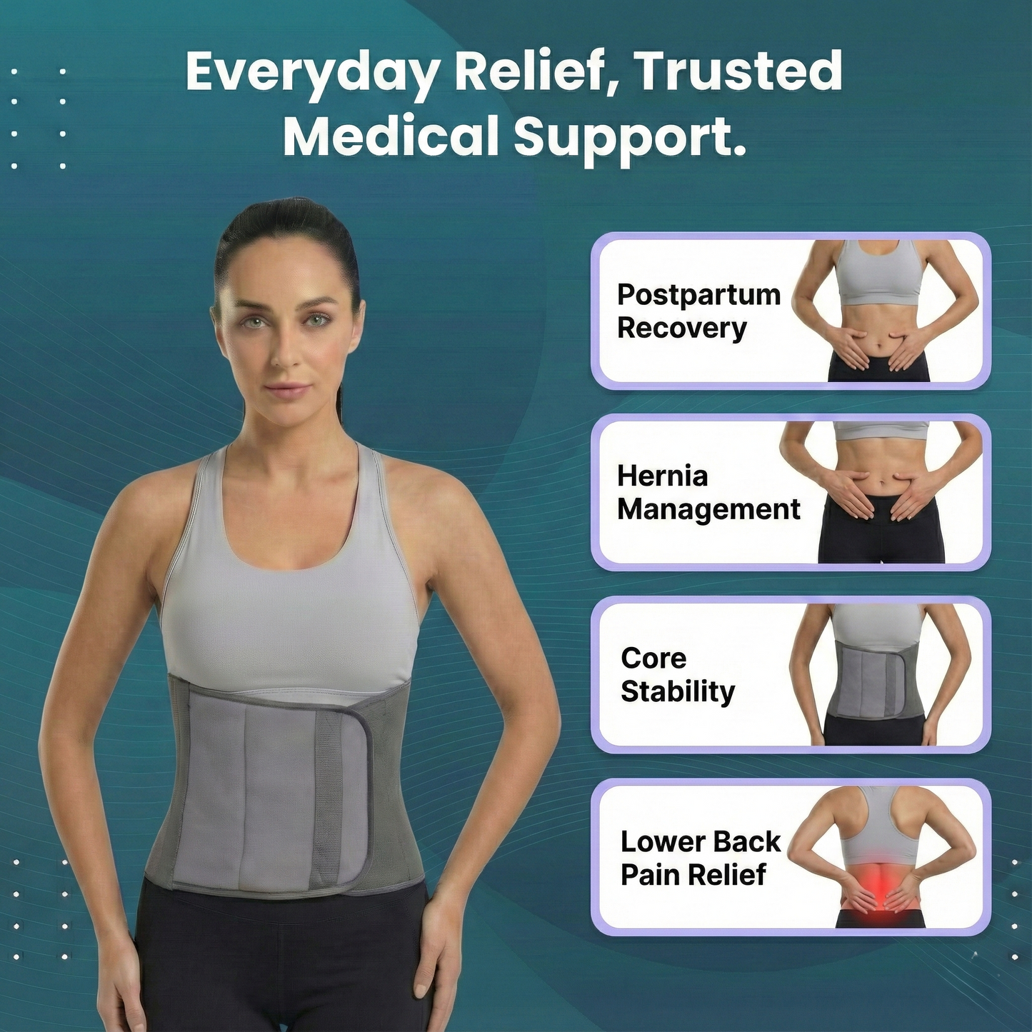 Woman wearing a waist support belt with text on medical benefits on a blue background