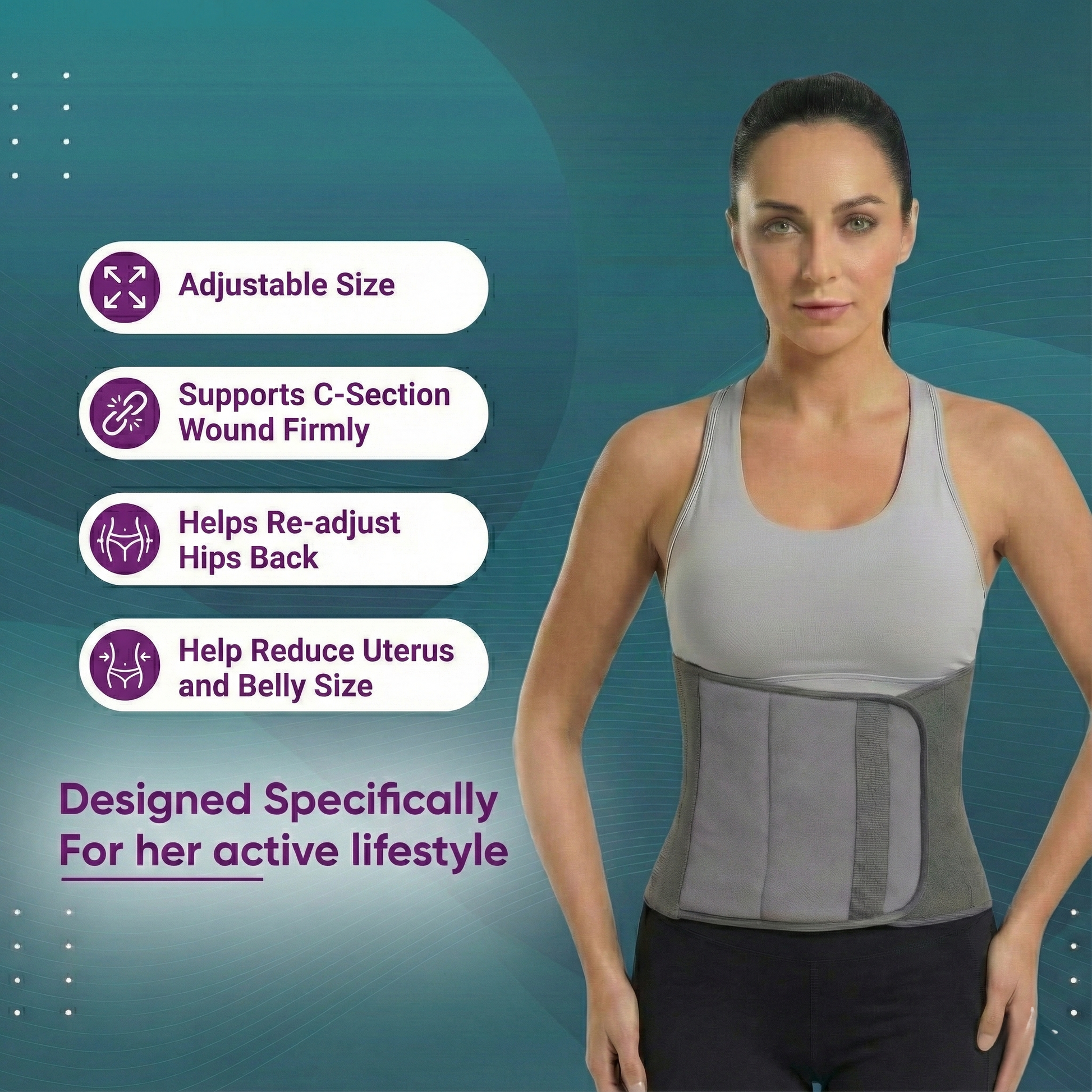 Woman wearing a gray waist support belt with product features listed on a teal background