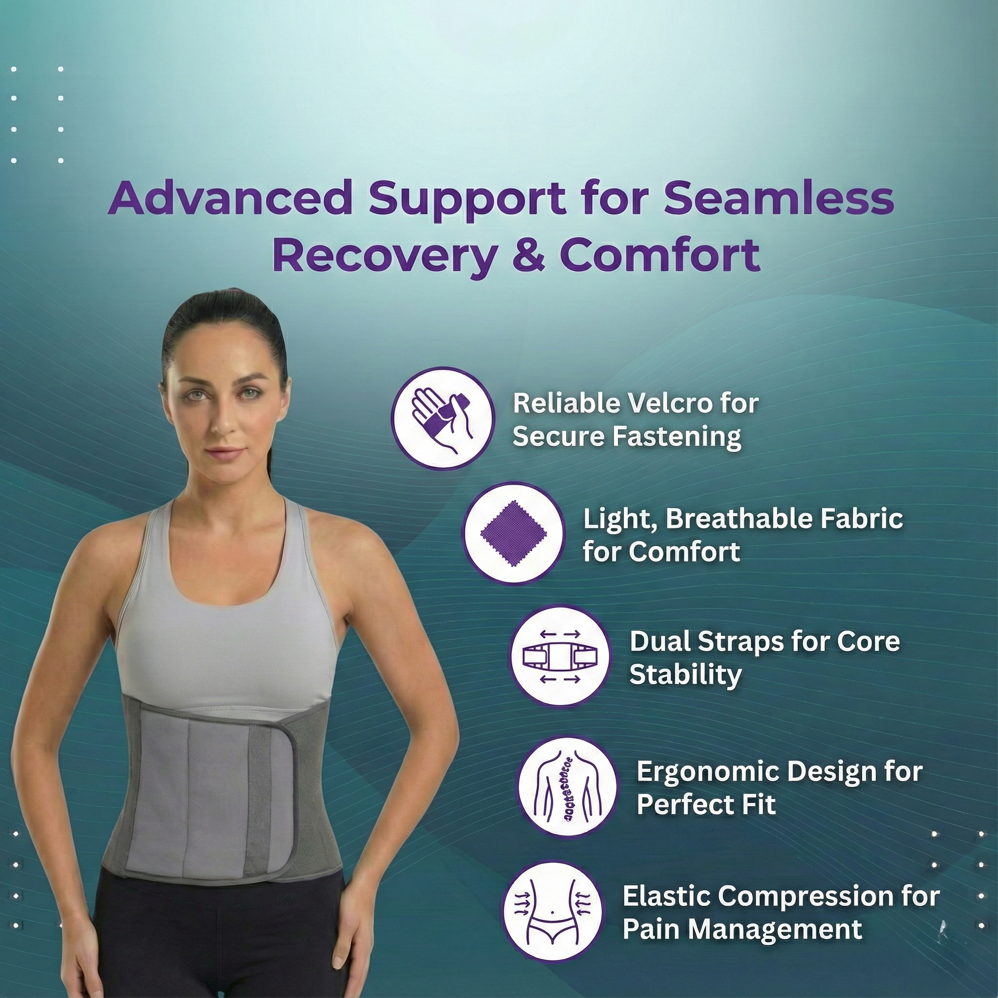 Woman wearing a waist support belt with features listed on a blue background
