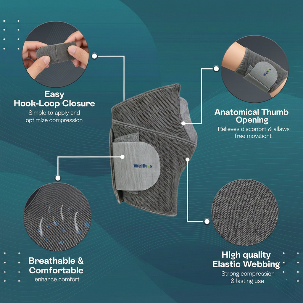 Wellkos Wrist Brace Handheld compression device with features highlighted on a teal background