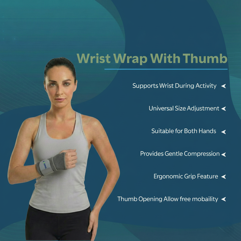 Woman wearing a Wellkos Wrist Brace with thumb on a blue background with product features listed.