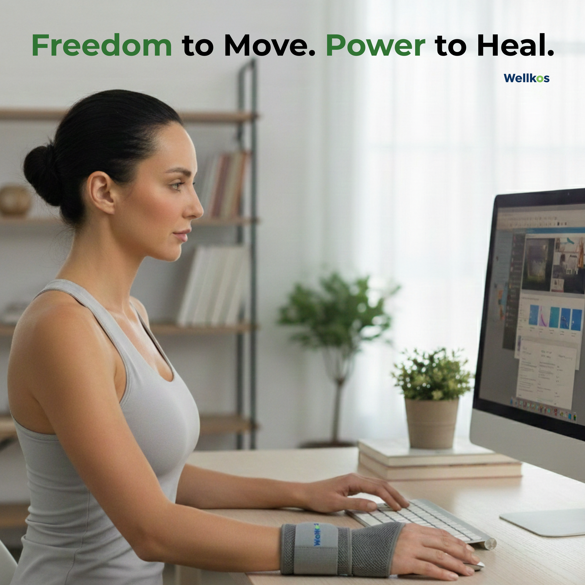 Woman using a computer with 'Freedom to Move. Power to Heal.' text and Wellkos logo.